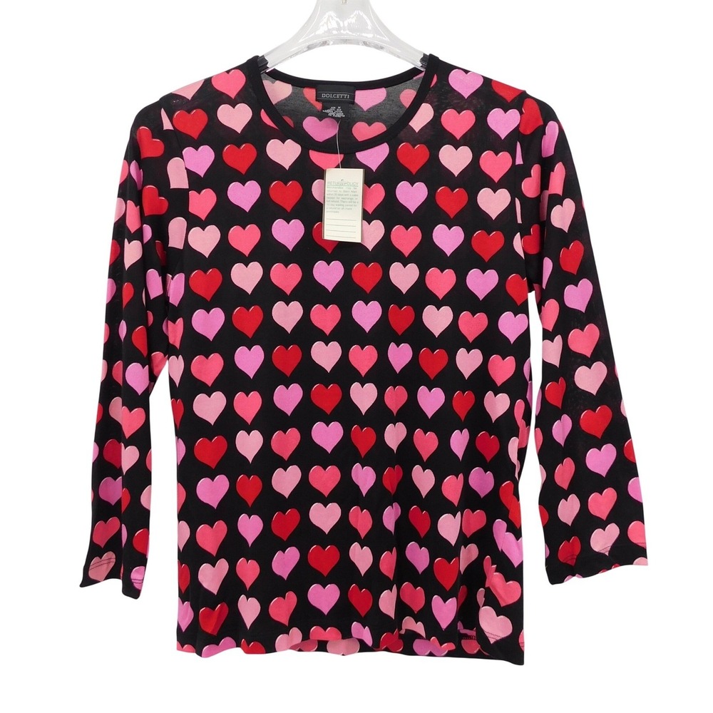 Dolcetti Vintage Silk Cotton Heart Print Top Black Red Pink Long Sleeve Medium